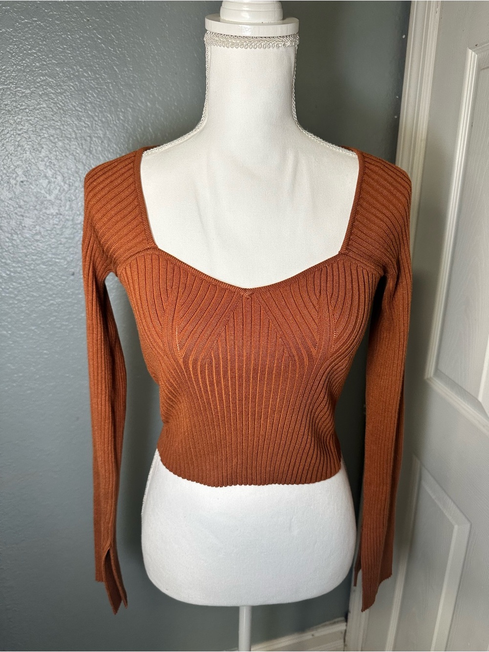 Lush Rust Ribbed Square-Neck Sweater